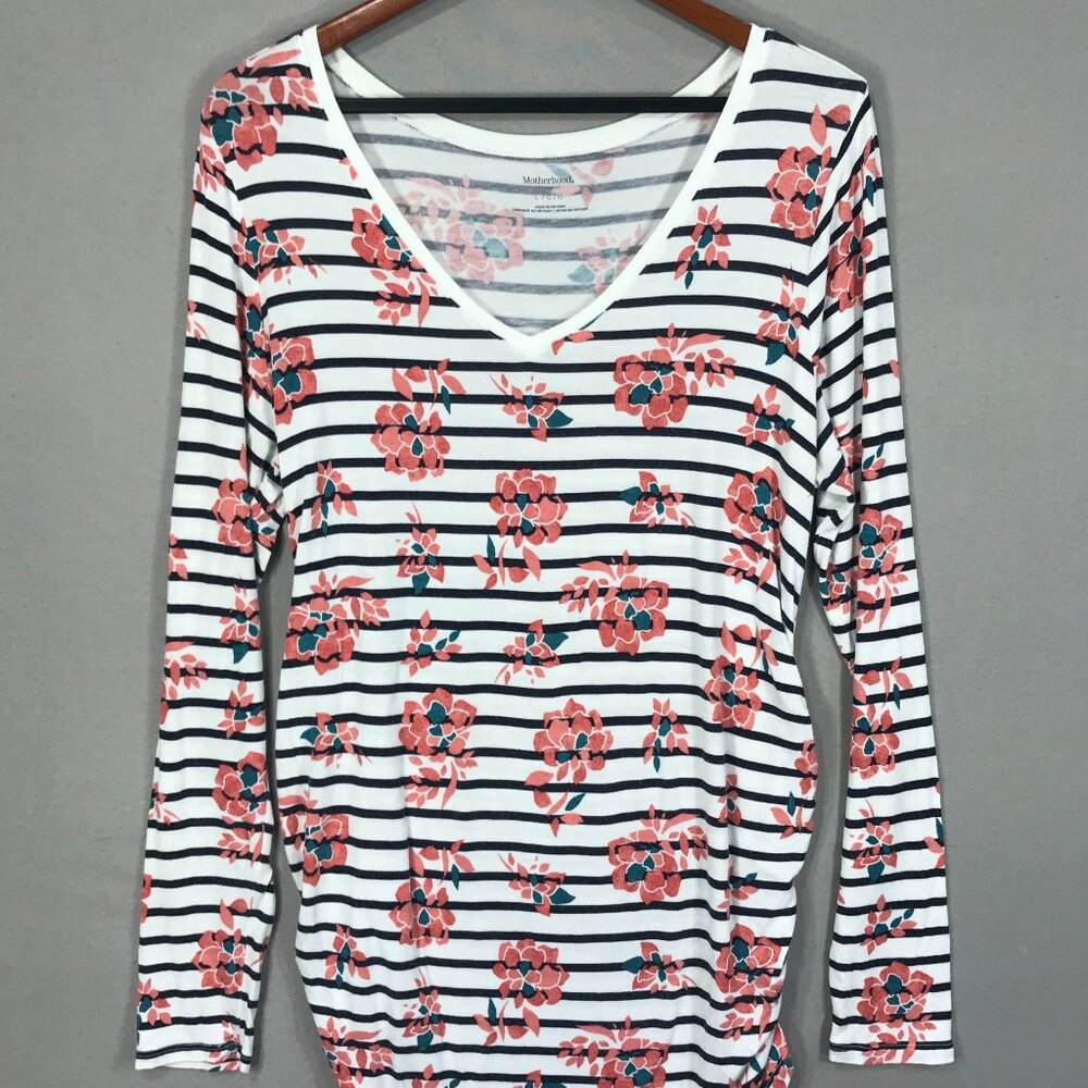 Motherhood Maternity Top Womens Large White Floral Striped V Neck Side Ruched LS